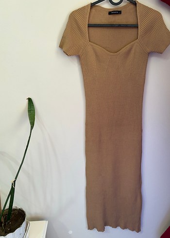 Trendyol - Bej Midi Örme Elbise - Görsel 2