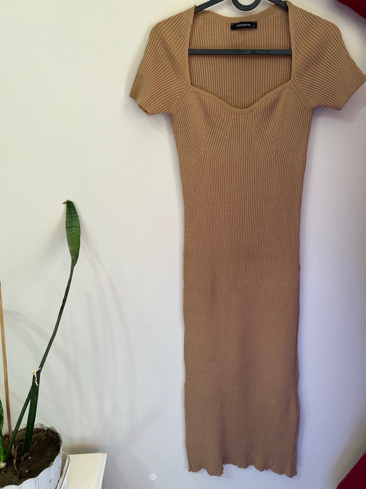 Trendyol - Bej Midi Örme Elbise - Görsel 2