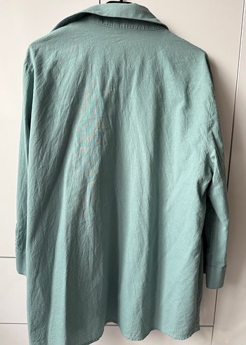 Turkuaz Keten Düğmeli Kadın Gömlek - Görsel 3