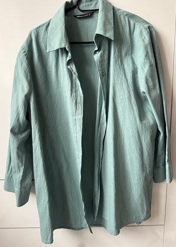 Turkuaz Keten Düğmeli Kadın Gömlek - Görsel 2