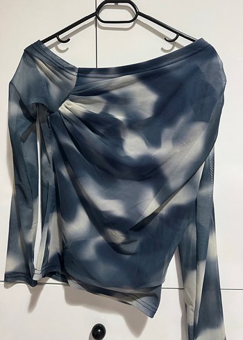 Drapeli Uzun Kollu Mavi Batik Bluz - Görsel 3