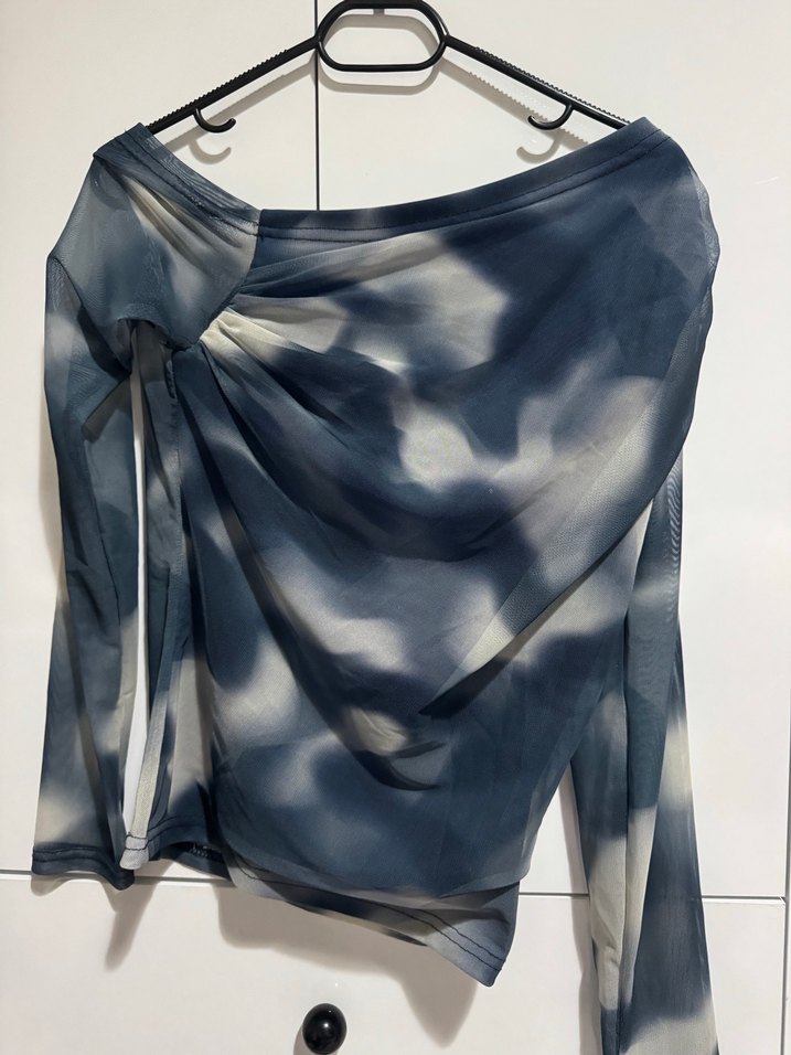 Drapeli Uzun Kollu Mavi Batik Bluz - Görsel 3