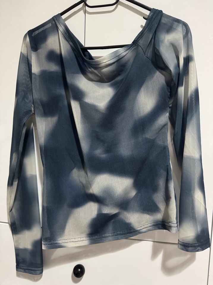 Drapeli Uzun Kollu Mavi Batik Bluz - Görsel 2