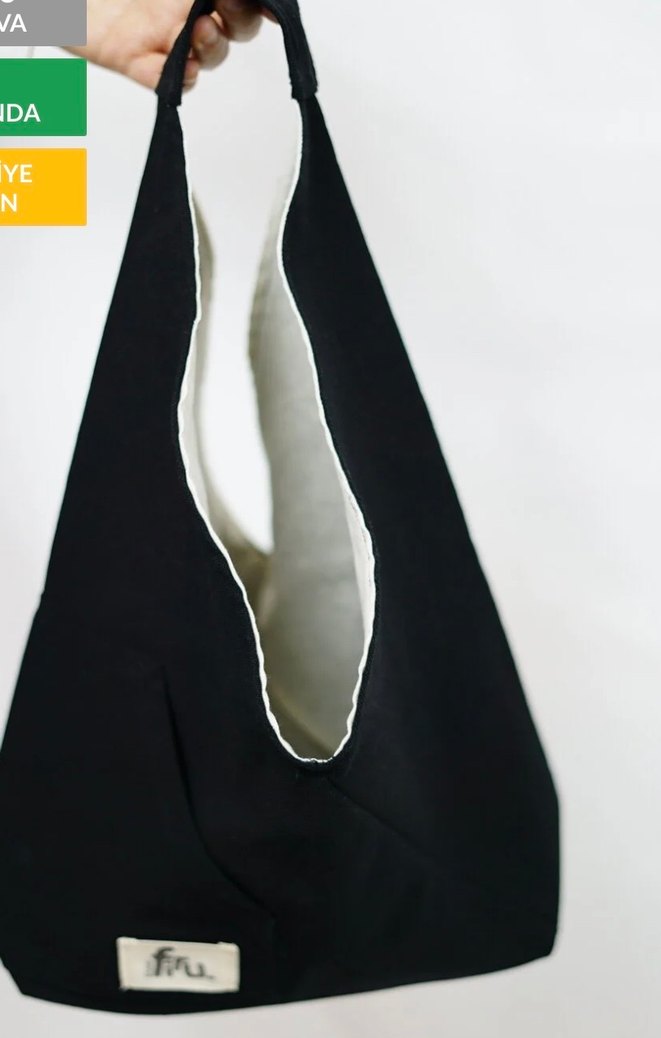 Siyah Kanvas Mini Üçgen Çanta - Görsel 4