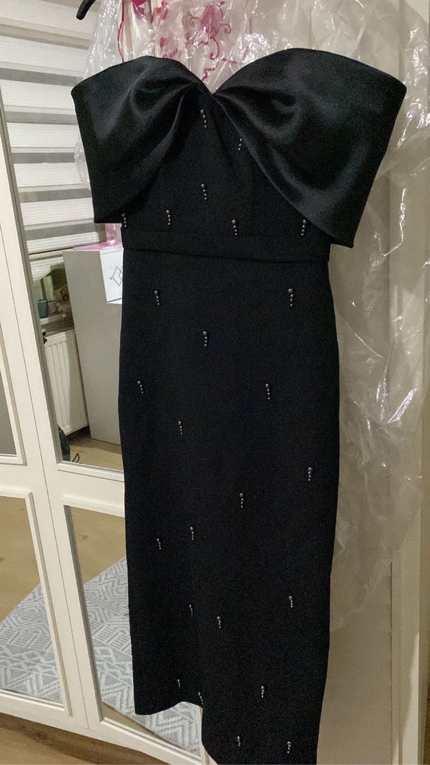 Siyah Straplez Avant-Garde Midi Elbise - Görsel 2