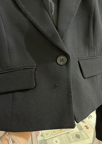 Düğmeli Siyah Mini Kadın Blazer Ceket - Görsel 3
