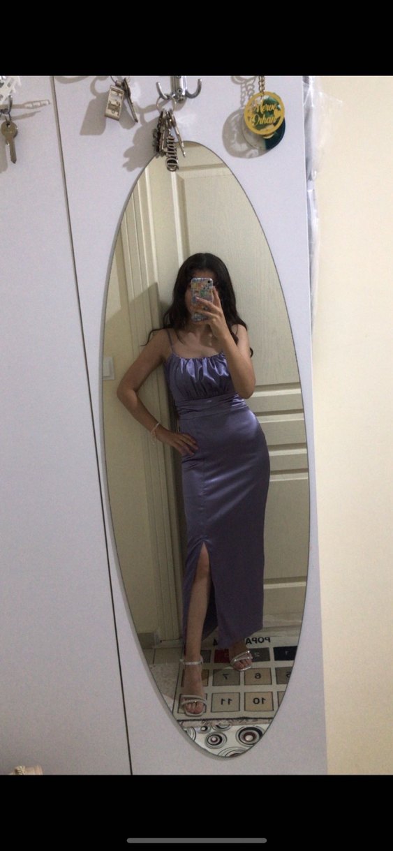 Mor Straplez Uzun Drapeli Abiye Elbise - Görsel 4