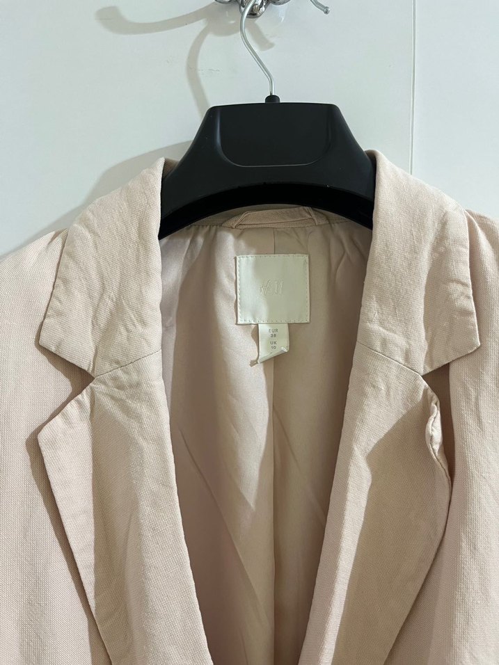 Bej Kadın Keten Kumaş Düğmeli Blazer - Görsel 3