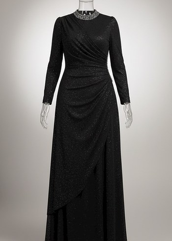 Uzun Siyah  simli Drapeli Abiye Elbise - Görsel 4