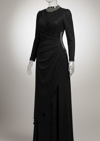 Uzun Siyah  simli Drapeli Abiye Elbise - Görsel 5