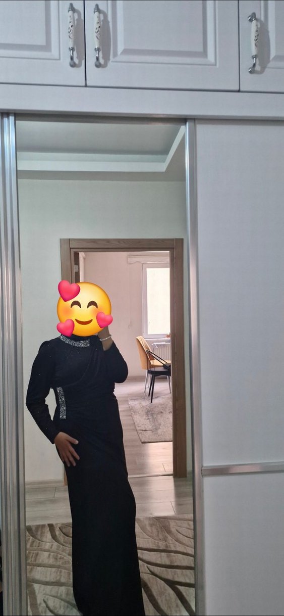 Uzun Siyah  simli Drapeli Abiye Elbise - Görsel 2