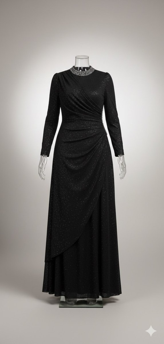 Uzun Siyah  simli Drapeli Abiye Elbise - Görsel 4