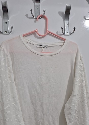 Beyaz Uzun Kollu Keten Bluz balon kollu - Görsel 4