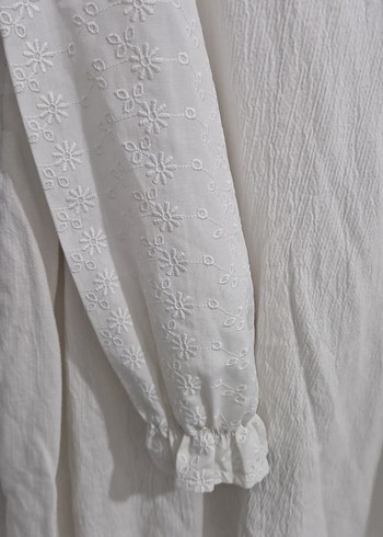 Beyaz Uzun Kollu Keten Bluz balon kollu - Görsel 2