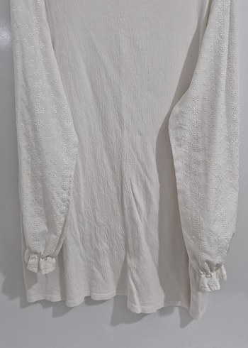 Beyaz Uzun Kollu Keten Bluz balon kollu - Görsel 3
