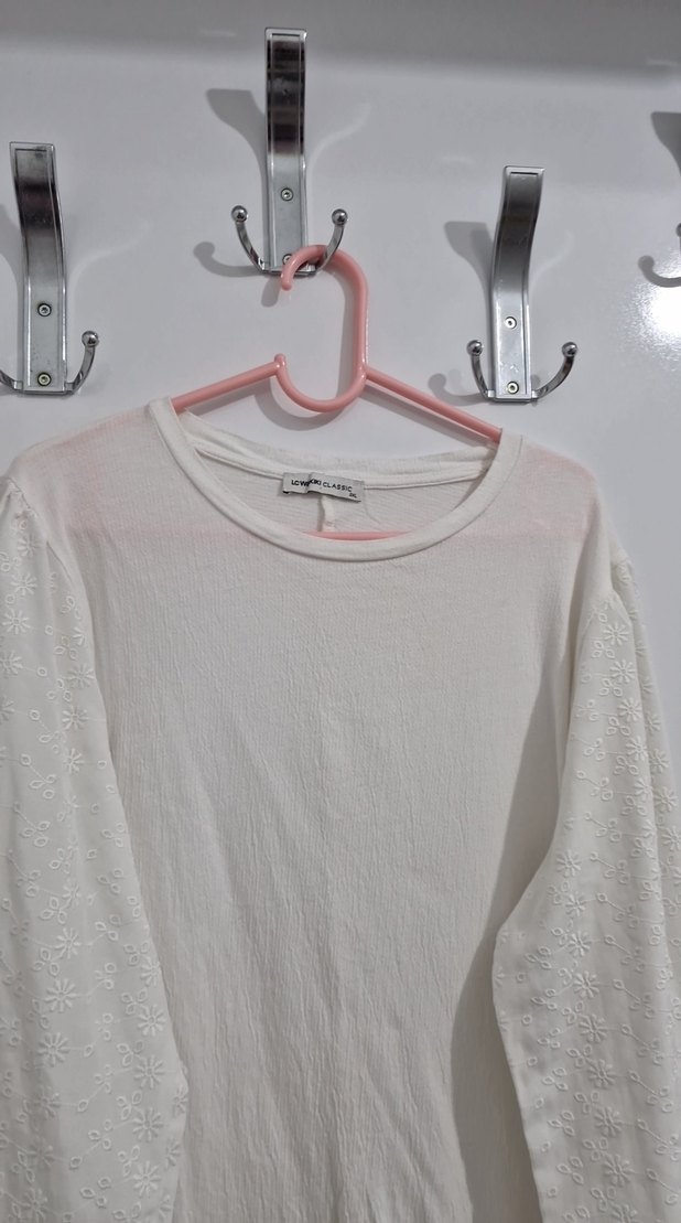 Beyaz Uzun Kollu Keten Bluz balon kollu - Görsel 4