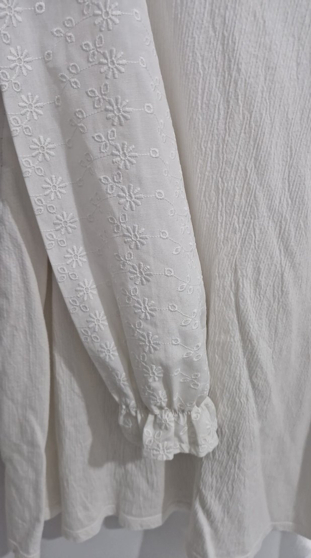 Beyaz Uzun Kollu Keten Bluz balon kollu - Görsel 2