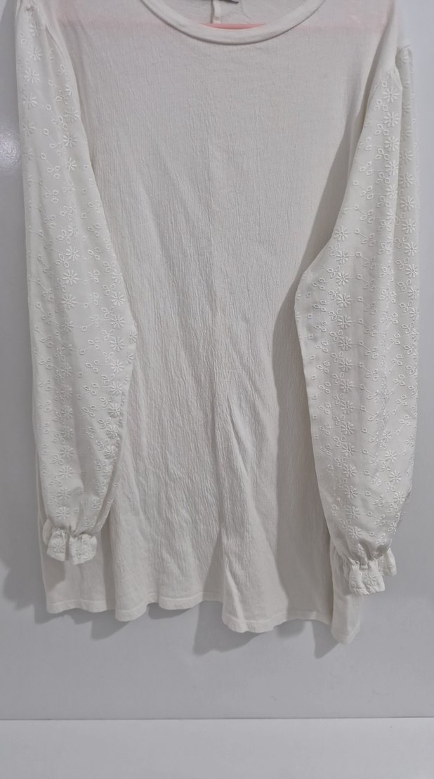 Beyaz Uzun Kollu Keten Bluz balon kollu - Görsel 3