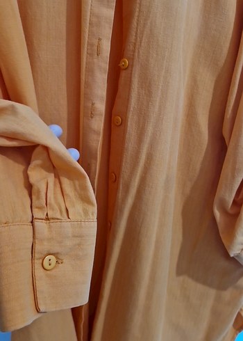 Turuncu Düğmeli Uzun Kollu Keten Gömlek - Görsel 3