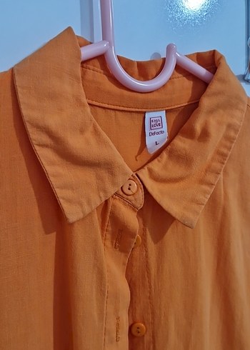 Turuncu Düğmeli Uzun Kollu Keten Gömlek - Görsel 4