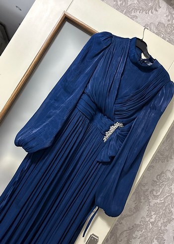 Lacivert Drapeli Kadın Uzun Abiye Elbise - Görsel 3