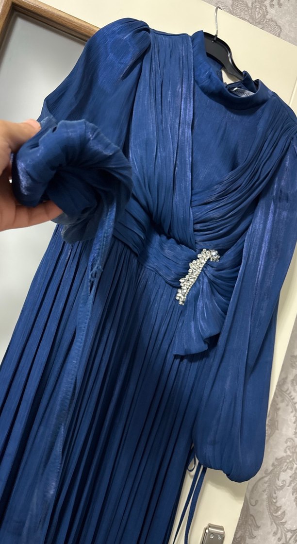 Lacivert Drapeli Kadın Uzun Abiye Elbise - Görsel 2