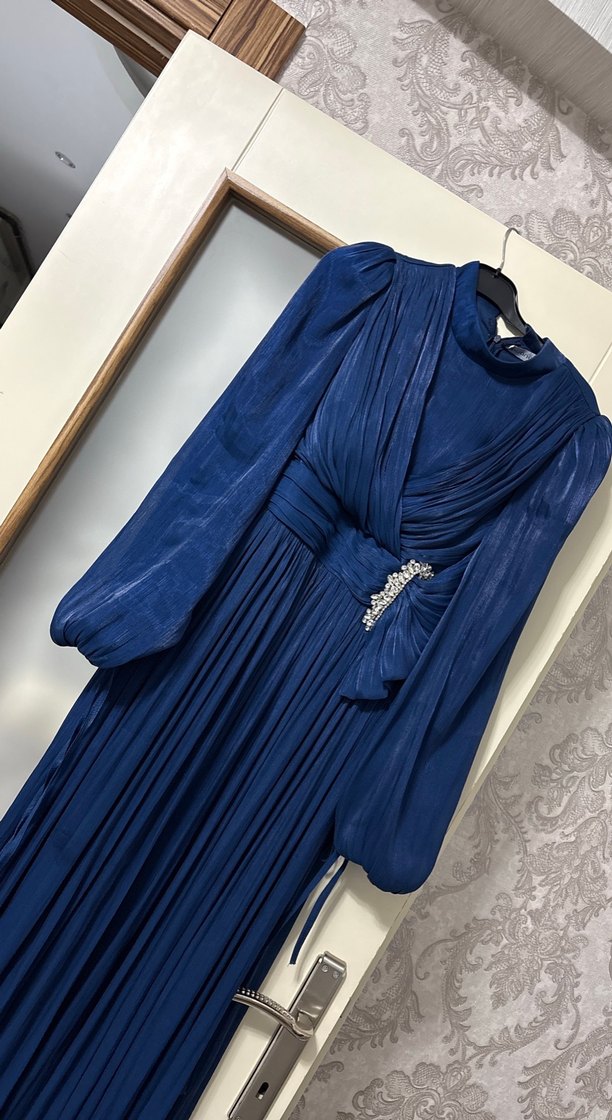 Lacivert Drapeli Kadın Uzun Abiye Elbise - Görsel 3