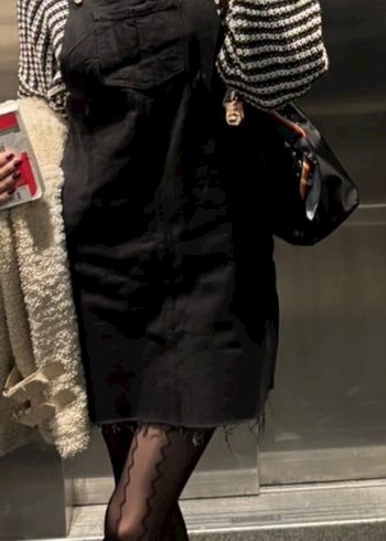 Kadın Siyah Askılı Cepli Mini Jean Elbise - Görsel 2