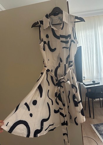 Bej Baskılı Kolsuz Keten Elbise - Görsel 2