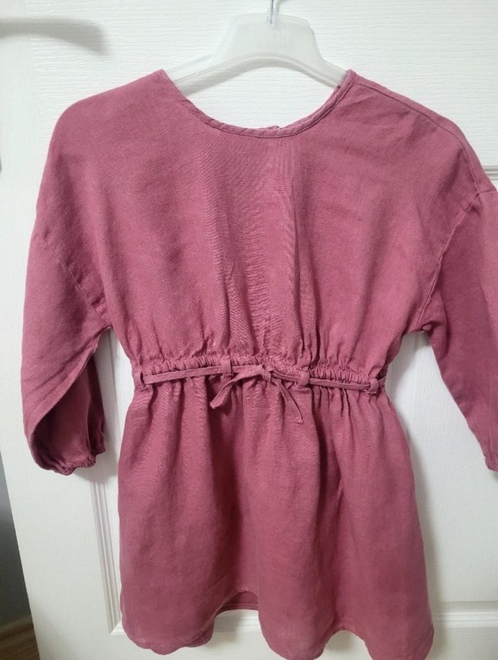 Bordo Kız Çocuk Keten Elbise - Görsel 2