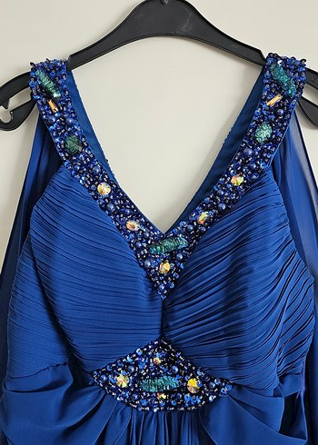 Mavi taşlı Bohem Uzun Abiye Elbise - Görsel 3