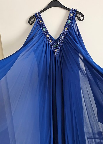 Mavi taşlı Bohem Uzun Abiye Elbise - Görsel 5