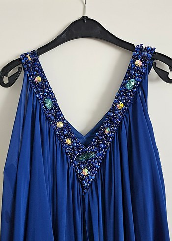 Mavi taşlı Bohem Uzun Abiye Elbise - Görsel 4