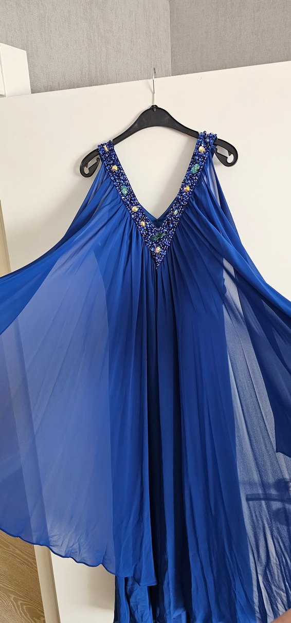 Mavi taşlı Bohem Uzun Abiye Elbise - Görsel 5