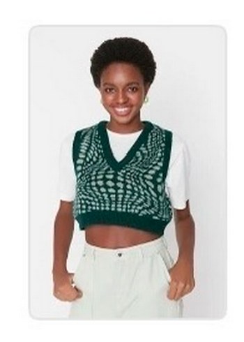 Yeşil Yılan Desenli V Yaka Triko Süveter - Görsel 6