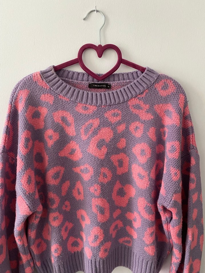 Mor ve Pembe Desenli Örgü Kadın Kazak - Görsel 4