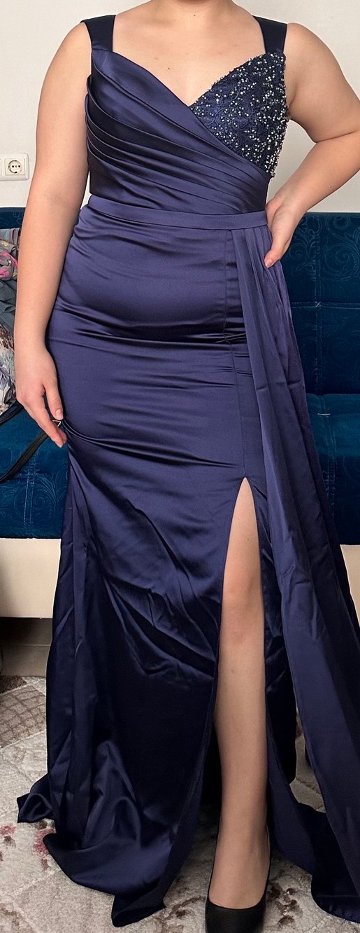 Lacivert Drapeli Uzun Abiye Elbise - Görsel 2