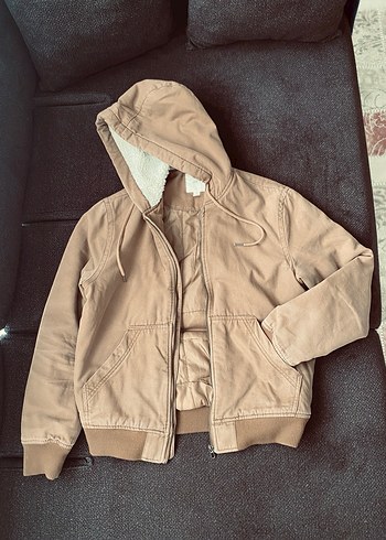 Bej Kapüşonlu Fermuarlı Unisex Ceket - Görsel 2