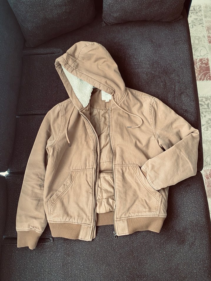 Bej Kapüşonlu Fermuarlı Unisex Ceket - Görsel 2