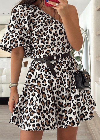 Leopar Desenli Kemerli Mini Elbise - Görsel 2