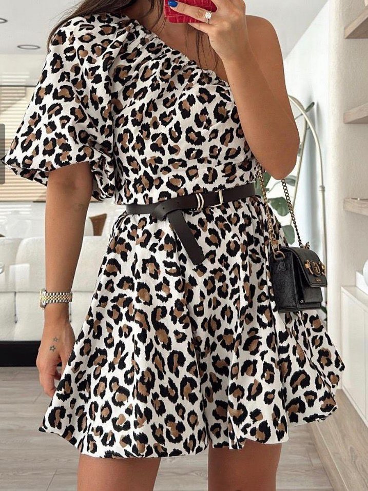 Leopar Desenli Kemerli Mini Elbise - Görsel 2