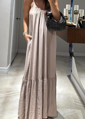 Bej Bohem Uzun Askılı Elbise - Görsel 2