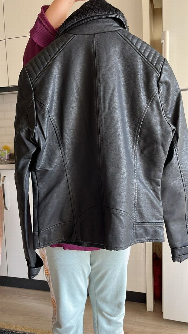 siyah Deri Kadın Biker Ceket - Görsel 4