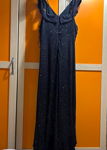 Lacivert V Yaka Fırfırlı Uzun Abiye Elbise - Görsel 4