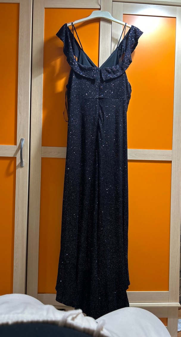 Lacivert V Yaka Fırfırlı Uzun Abiye Elbise - Görsel 4