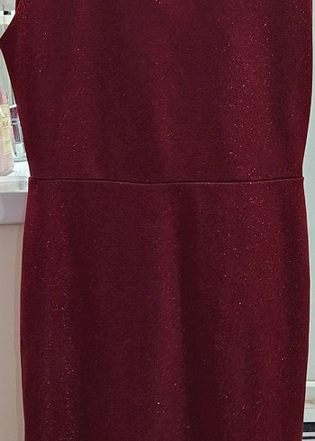 Bordo V Yaka Drapeli Midi Abiye Elbise - Görsel 2