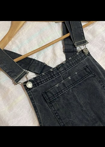 Siyah Batik Desenli Kot Mini Salopet - Görsel 2