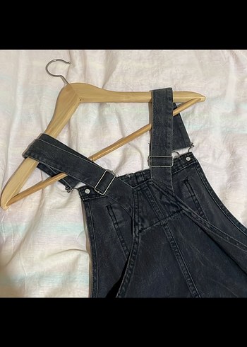 Siyah Batik Desenli Kot Mini Salopet - Görsel 5