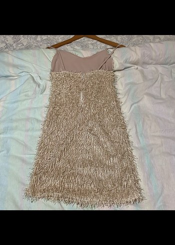 Simli Bej Mini Triko Straplez Elbise - Görsel 3