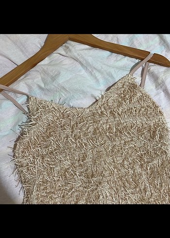 Simli Bej Mini Triko Straplez Elbise - Görsel 2